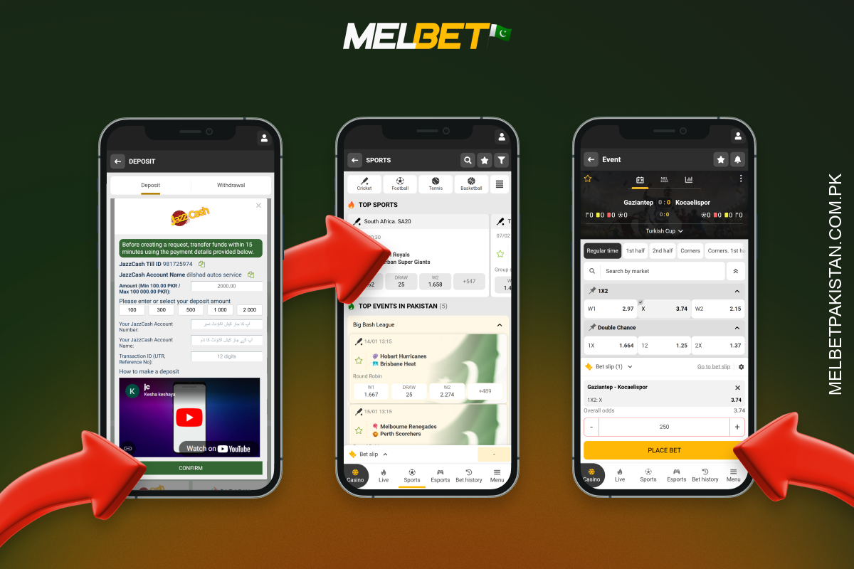 To place the first bet at Melbet Pakistan, players need to log in to their account, make a deposit, select an event and market, enter the amount and confirm the bet