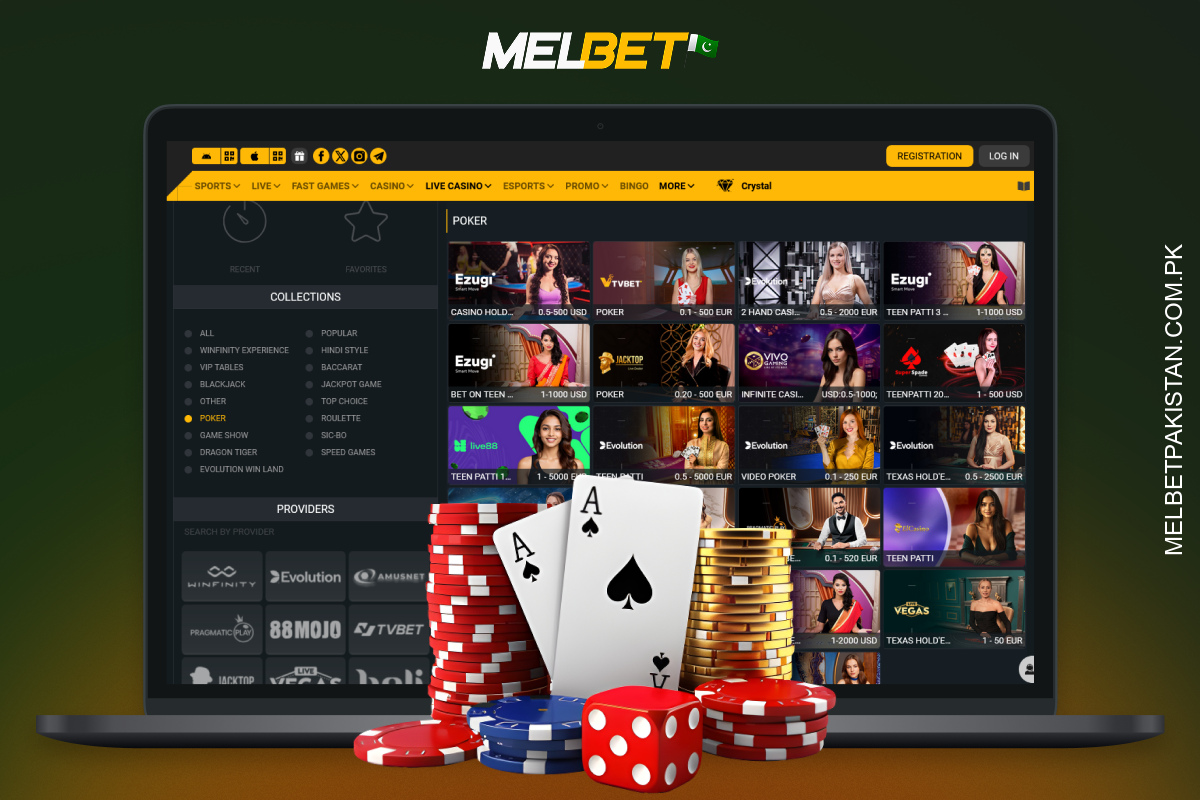 Melbet Pakistan offers Texas Hold'em, Omaha, cash games and tournaments with rakeback, mobile tables